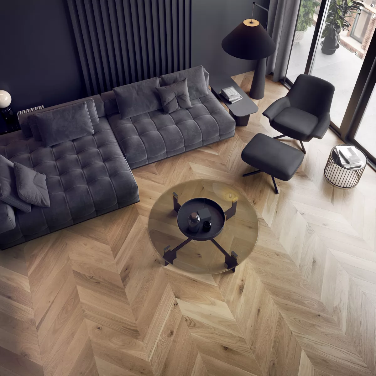 The pleasing geometry of Chevron with patterned wooden floor